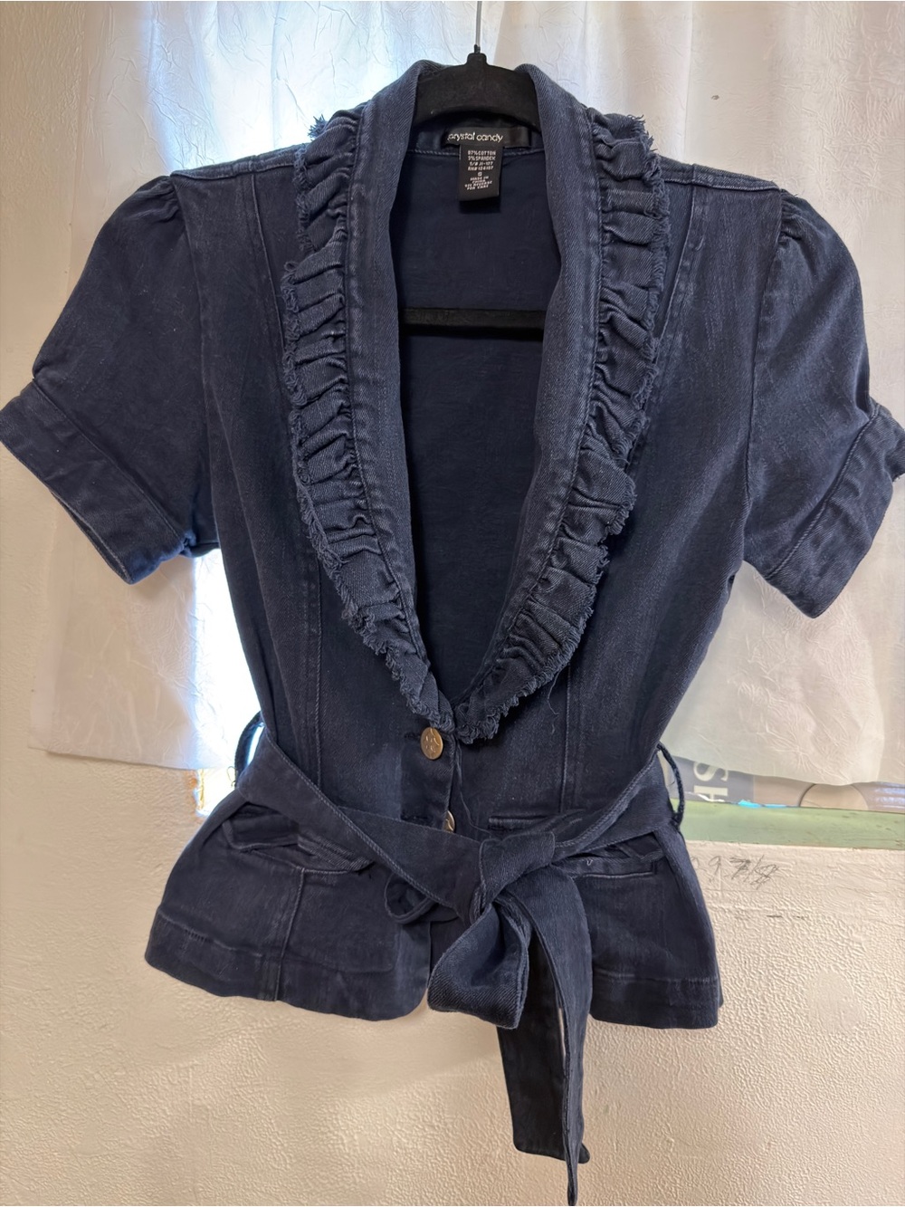 Navy Ruffled Short-Sleeve Jean Jacket with Belt